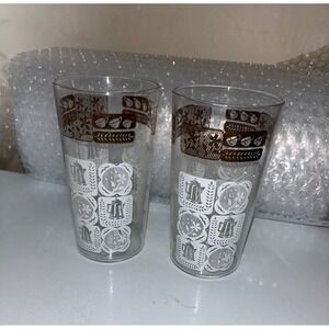 Vintage Federal Glass Coffee Pot Cup Tumbler Set 2 Mid Century Modern MCM Brown